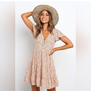 Petal and Pup Dancer Floral Button Front Tiered Mini Dress Tan Cream Size 6